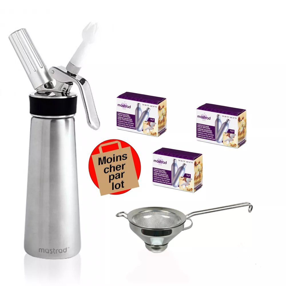 Lot Siphon inox Mastrad + entonnoir tamis  + 3 boites de Cartouches